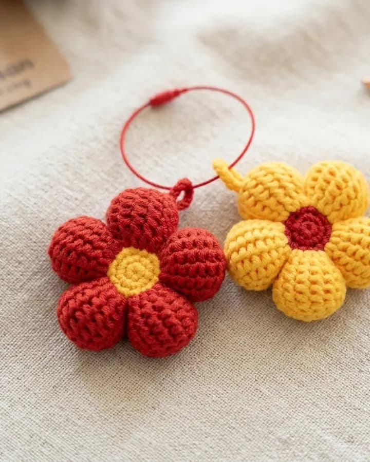 Puffy Tunisian Flower Keychain