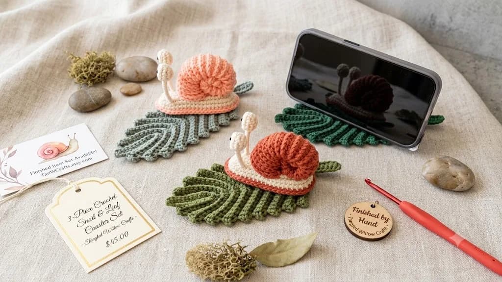 Little Snail & Dream Leaf Phone Holder crochet pattern, photo 1